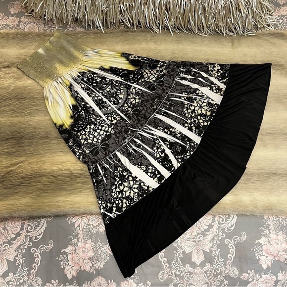 y2k DINA-BE Stretch Strapless  Dress Cover-Up Skirt Black Yellow L Graphic - Picture 1 of 7